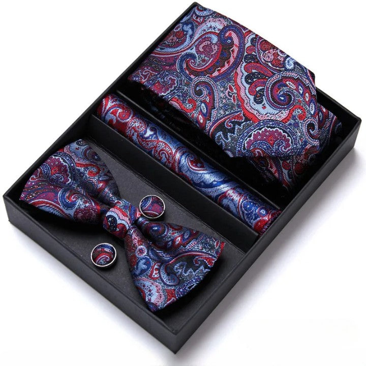 coffret cravate nœud papillon, ensemble cravate imprimée, accessoire homme de luxe, boutons de manchette en soie, coffret cadeau pour homme