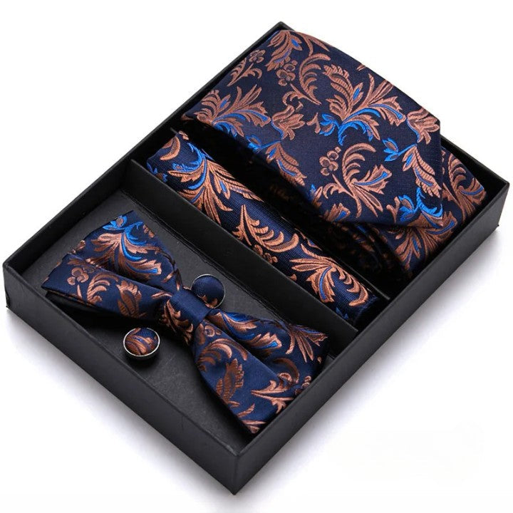 coffret cravate nœud papillon, ensemble cravate imprimée, accessoire homme de luxe, boutons de manchette en soie, coffret cadeau pour homme