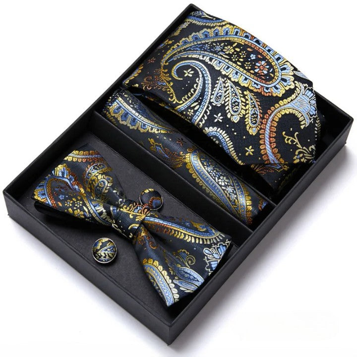 coffret cravate nœud papillon, ensemble cravate imprimée, accessoire homme de luxe, boutons de manchette en soie, coffret cadeau pour homme