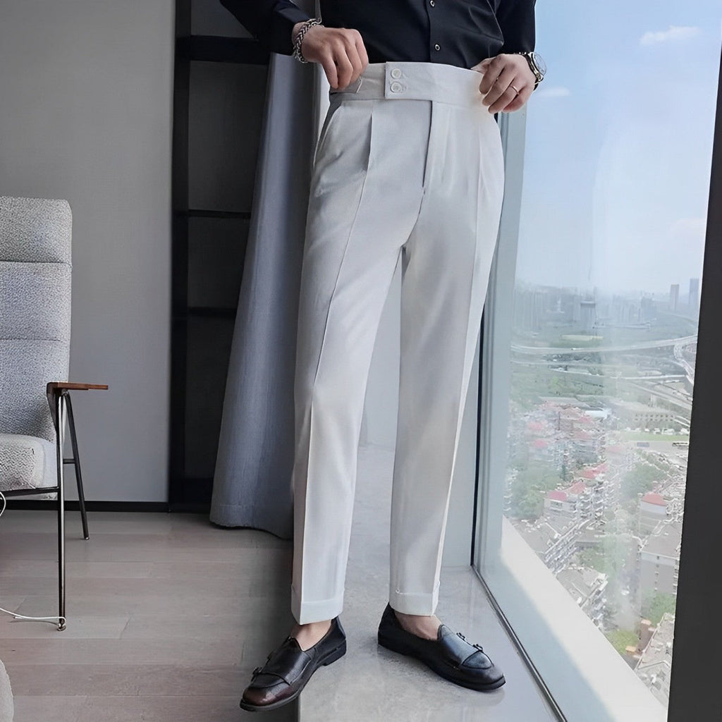 pantalon taille haute homme, pantalon slim habillé, pantalon homme élégant, pantalon formel taille haute, pantalon homme polyester