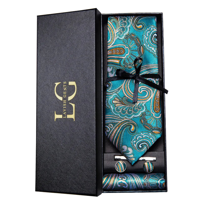 coffret cravate luxe, cravate imprimée en soie, accessoire homme formel, boutons de manchette et pochette, cravate design exclusif