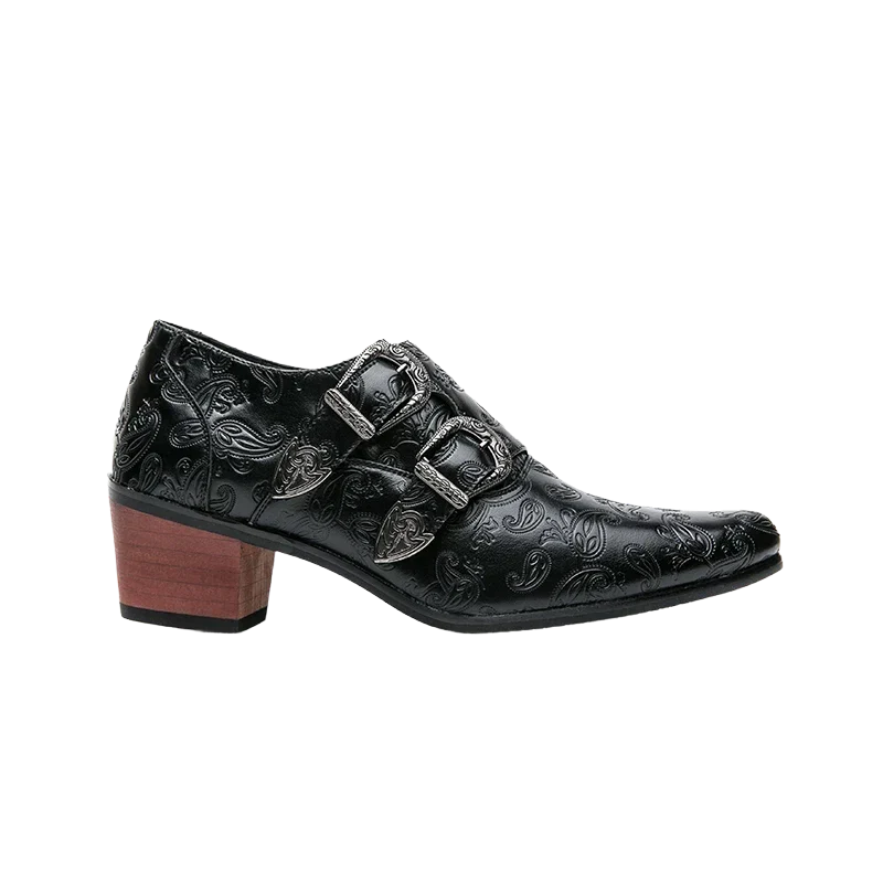 chaussure homme vintage, chaussure homme boucle, chaussure homme talon bloc, chaussure homme marron motif, chaussure de ville originale