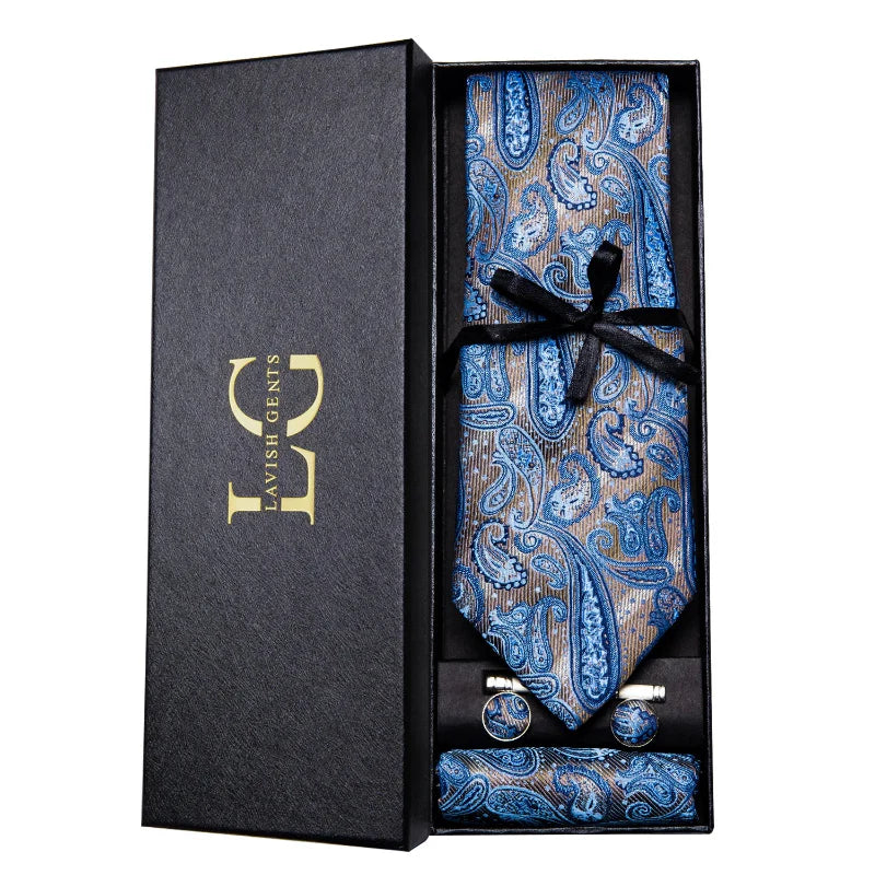 coffret cravate luxe, cravate imprimée en soie, accessoire homme formel, boutons de manchette et pochette, cravate design exclusif