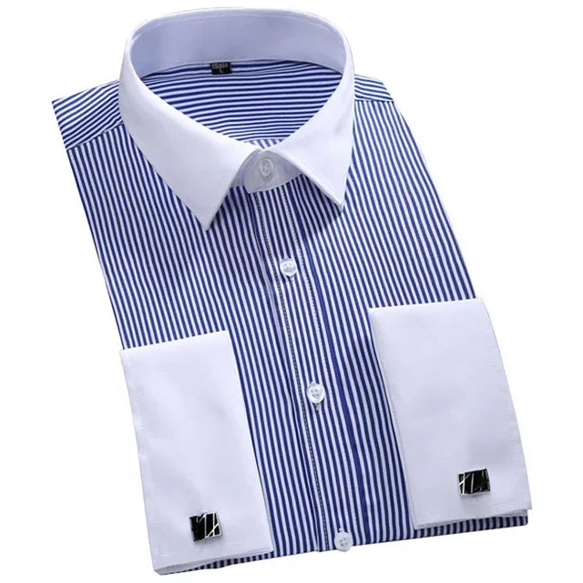 chemise habillée slim fit homme, chemise habillée avec boutons de manchette, chemise habillée bleue et blanche
