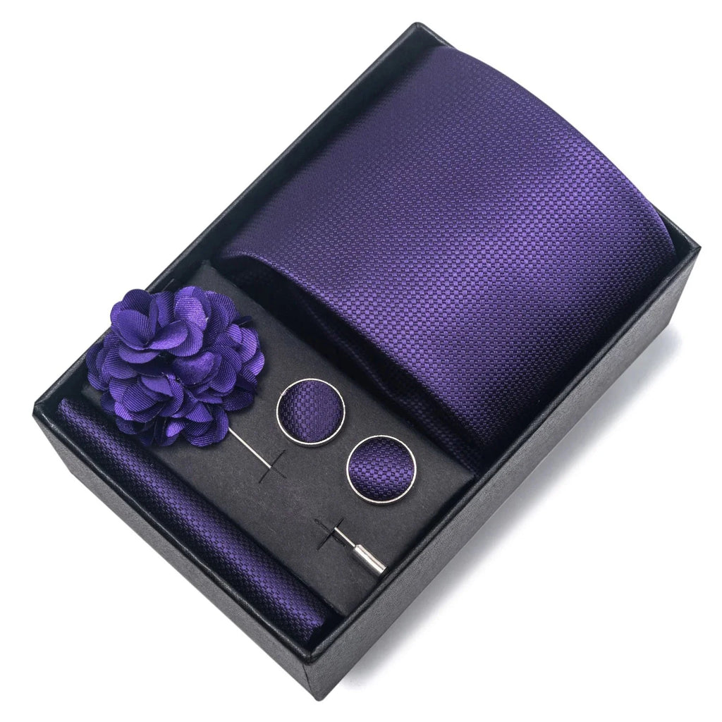 coffret cravate unie, cravate en soie luxe, ensemble accessoires homme, épingle de revers pour homme, cravate pour mariage