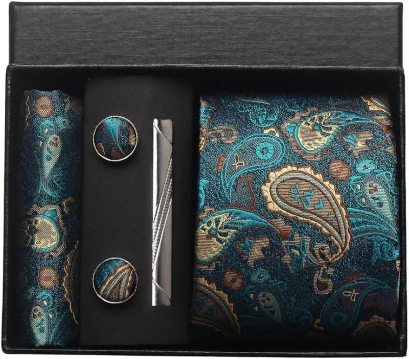 coffret cravate en soie, cravate imprimée de luxe, accessoire homme élégant, coffret cadeau pour homme, boutons de manchette et pochette