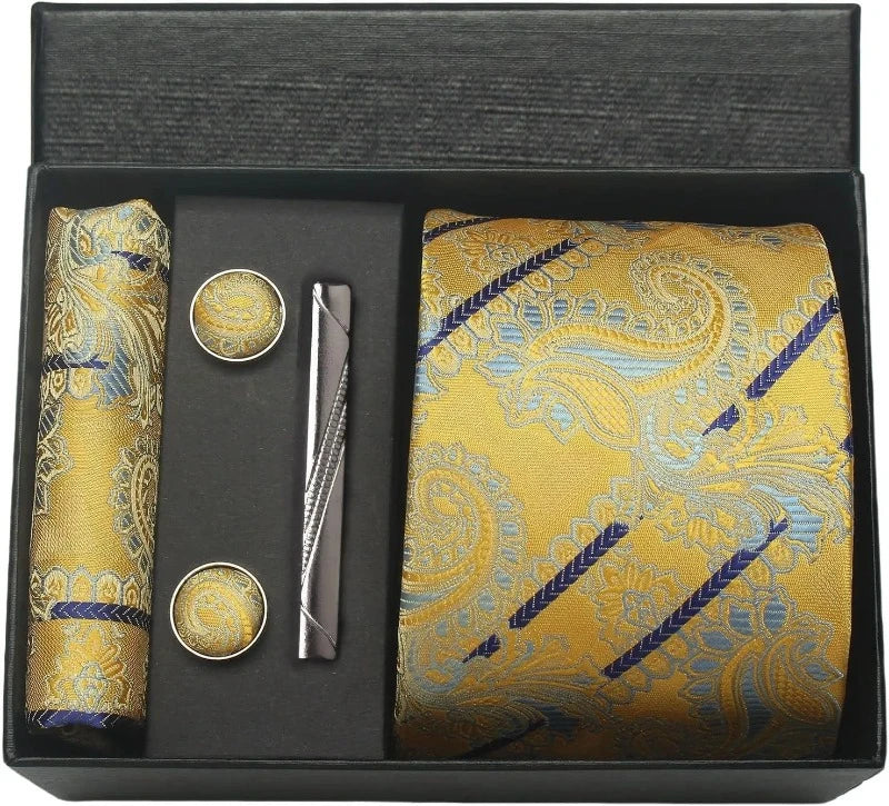 coffret cravate en soie, cravate imprimée de luxe, accessoire homme élégant, coffret cadeau pour homme, boutons de manchette et pochette