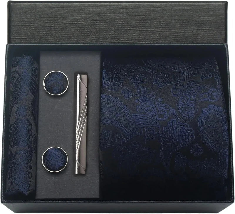 coffret cravate en soie, cravate imprimée de luxe, accessoire homme élégant, coffret cadeau pour homme, boutons de manchette et pochette