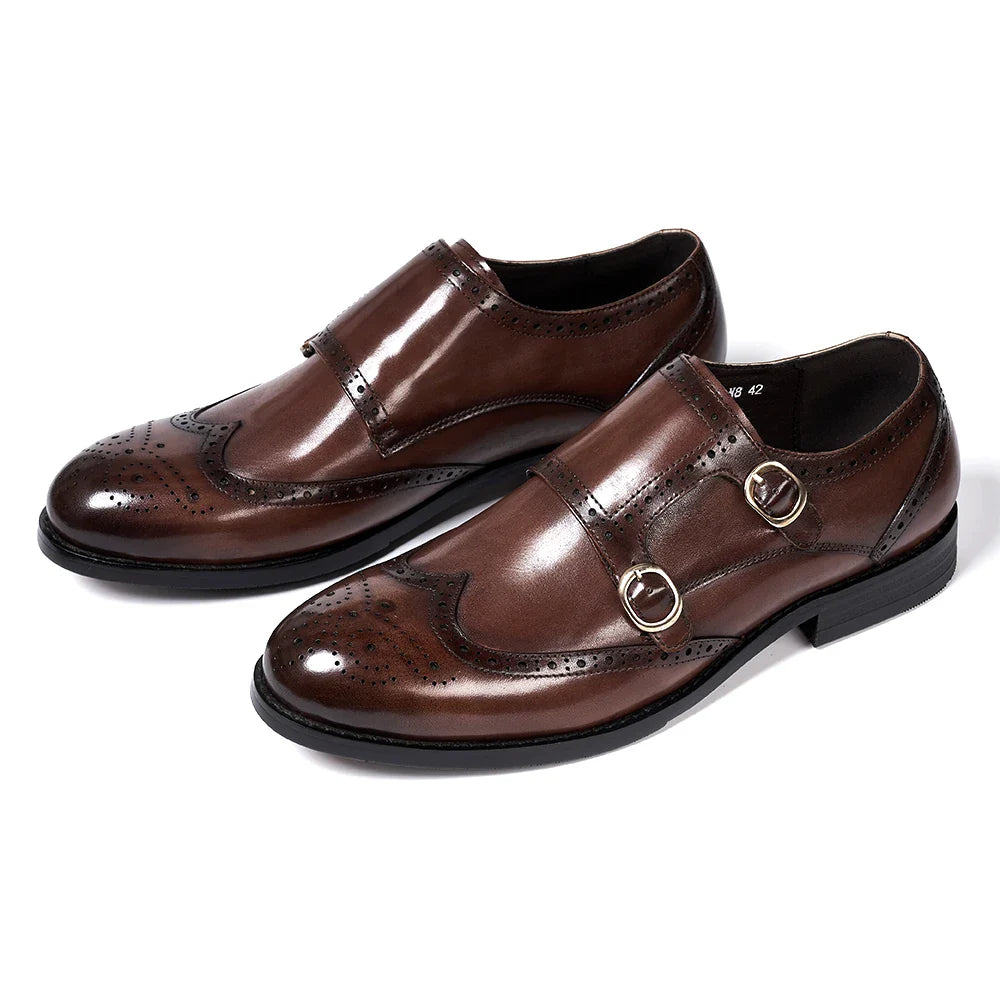 chaussure double monk strap, chaussure brogue homme, chaussure homme marron, chaussure de ville élégante, chaussure homme à boucles