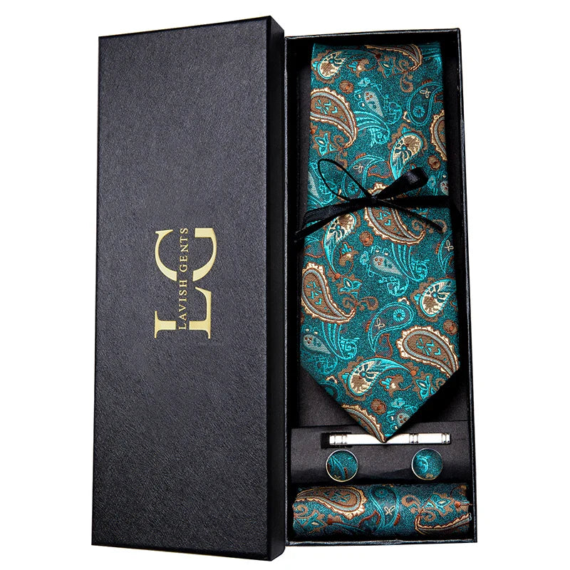coffret cravate luxe, cravate imprimée en soie, accessoire homme formel, boutons de manchette et pochette, cravate design exclusif