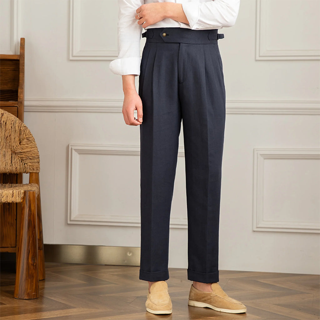 Pantalon en lin et coton, Pantalon de costume homme slim, Pantalon de tailleur à plis, Pantalon chic homme