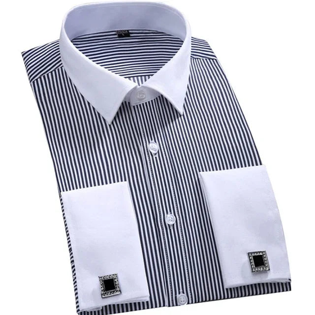 chemise habillée slim fit homme, chemise habillée avec boutons de manchette, chemise habillée bleue et blanche