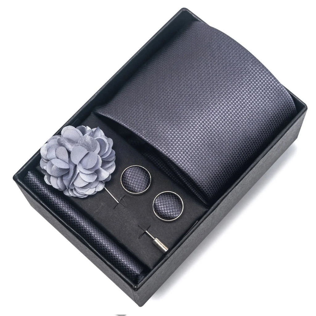 coffret cravate unie, cravate en soie luxe, ensemble accessoires homme, épingle de revers pour homme, cravate pour mariage
