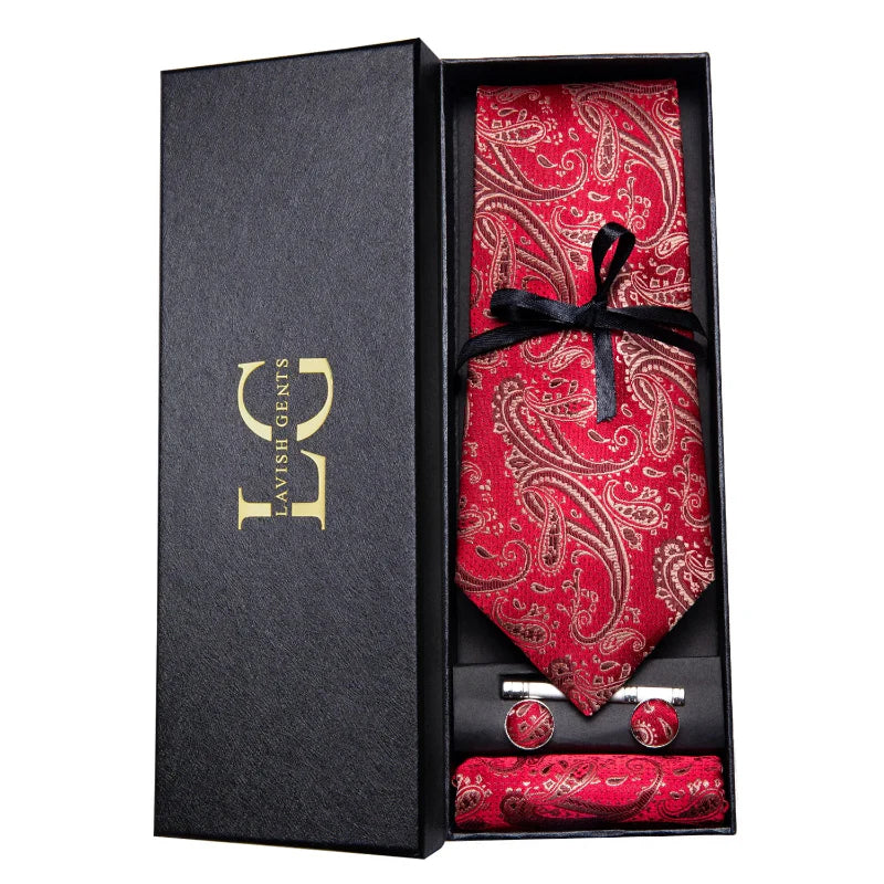 coffret cravate luxe, cravate imprimée en soie, accessoire homme formel, boutons de manchette et pochette, cravate design exclusif