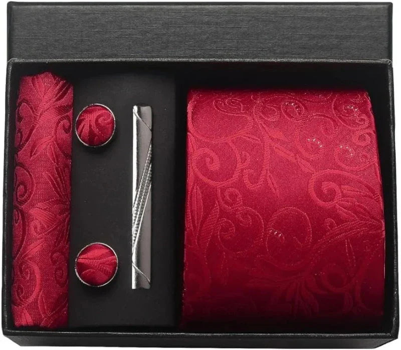 coffret cravate en soie, cravate imprimée de luxe, accessoire homme élégant, coffret cadeau pour homme, boutons de manchette et pochette