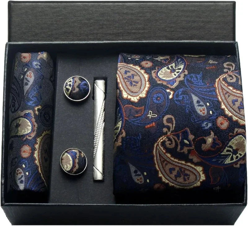 coffret cravate en soie, cravate imprimée de luxe, accessoire homme élégant, coffret cadeau pour homme, boutons de manchette et pochette