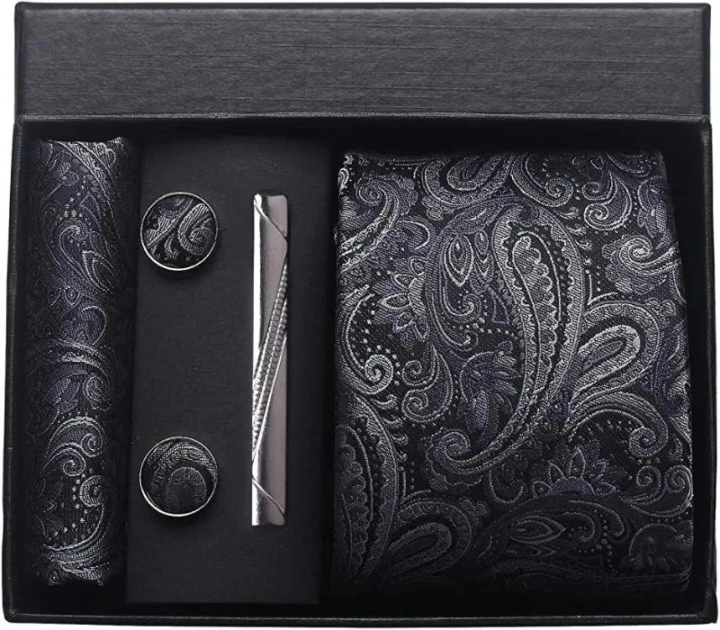 coffret cravate en soie, cravate imprimée de luxe, accessoire homme élégant, coffret cadeau pour homme, boutons de manchette et pochette