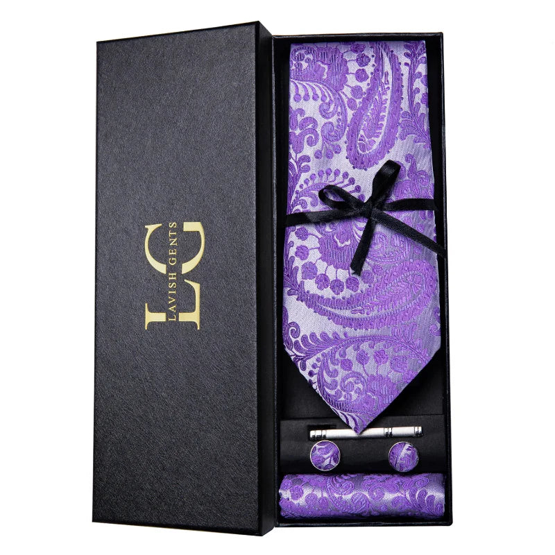 coffret cravate luxe, cravate imprimée en soie, accessoire homme formel, boutons de manchette et pochette, cravate design exclusif