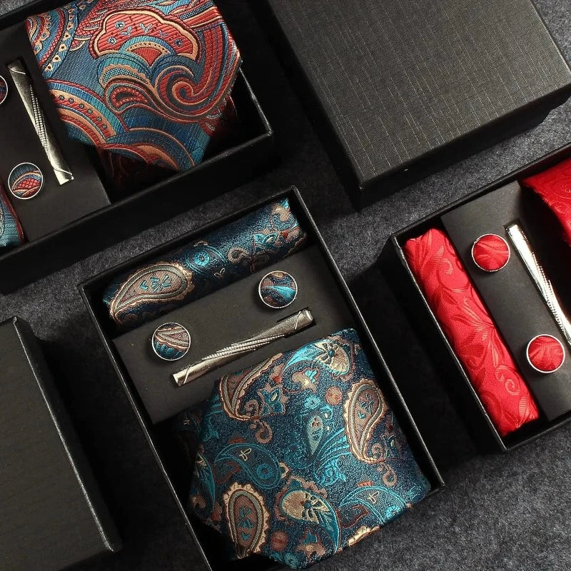coffret cravate en soie, cravate imprimée de luxe, accessoire homme élégant, coffret cadeau pour homme, boutons de manchette et pochette