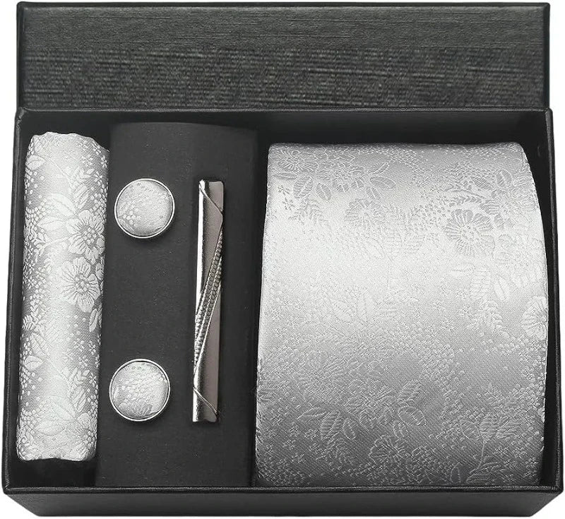 coffret cravate en soie, cravate imprimée de luxe, accessoire homme élégant, coffret cadeau pour homme, boutons de manchette et pochette