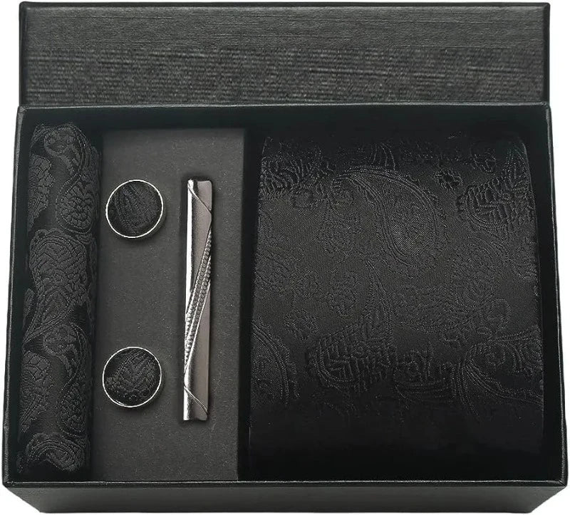 coffret cravate en soie, cravate imprimée de luxe, accessoire homme élégant, coffret cadeau pour homme, boutons de manchette et pochette