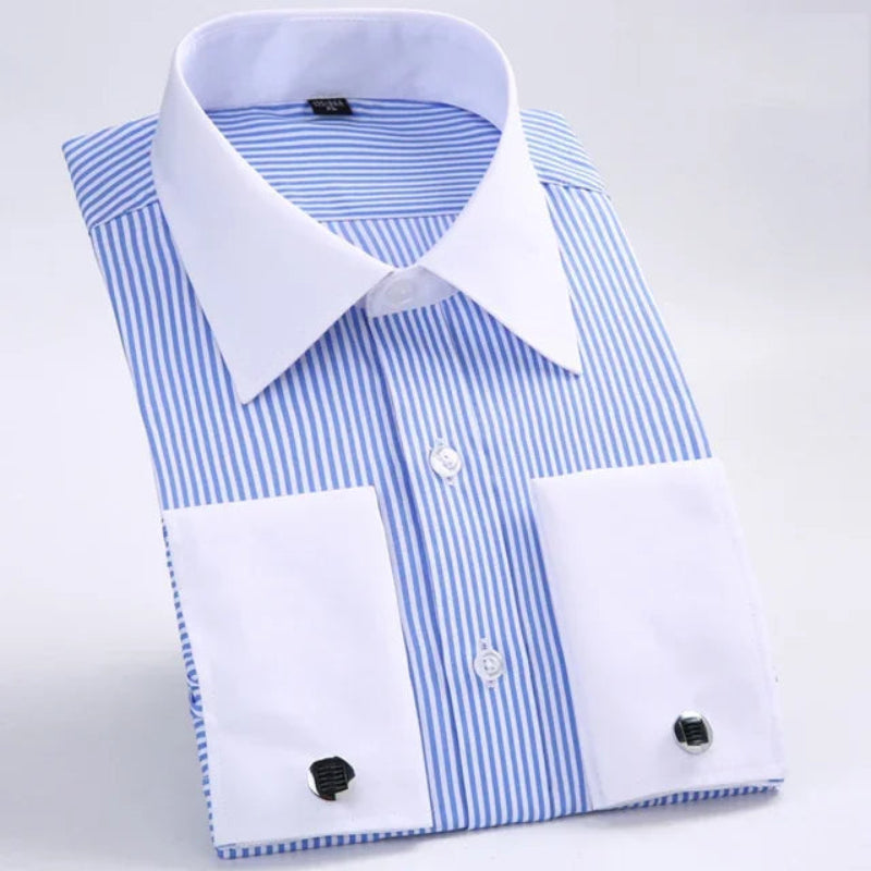 chemise habillée slim fit homme, chemise habillée avec boutons de manchette, chemise habillée bleue et blanche