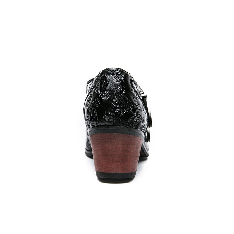 chaussure homme vintage, chaussure homme boucle, chaussure homme talon bloc, chaussure homme marron motif, chaussure de ville originale