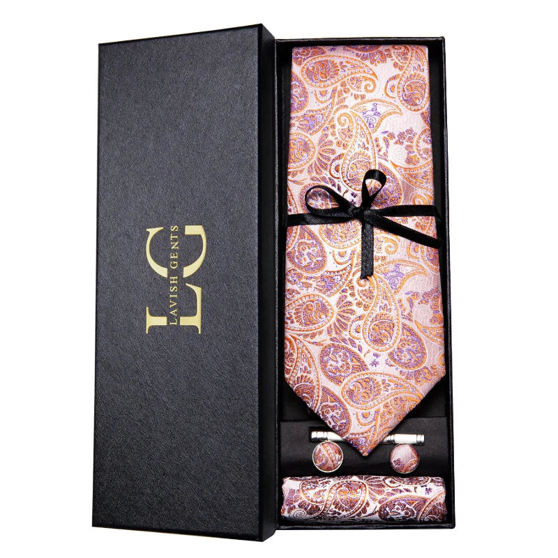 coffret cravate luxe, cravate imprimée en soie, accessoire homme formel, boutons de manchette et pochette, cravate design exclusif