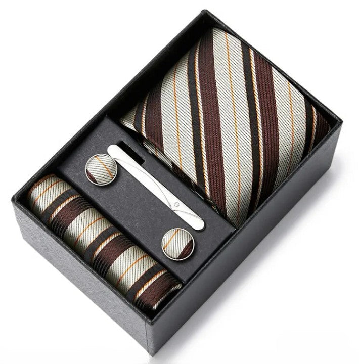 coffret cravate homme, cravate rayée en soie, accessoire masculin élégant, boutons de manchette en soie, coffret cadeau de luxe