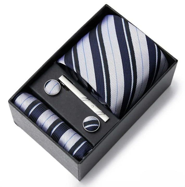 coffret cravate homme, cravate rayée en soie, accessoire masculin élégant, boutons de manchette en soie, coffret cadeau de luxe