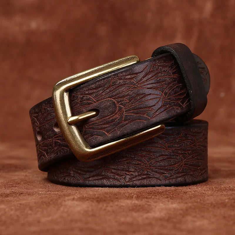 ceinture homme cuir gravé, ceinture vintage, accessoire homme élégant, ceinture artisanale, boucle en cuivre