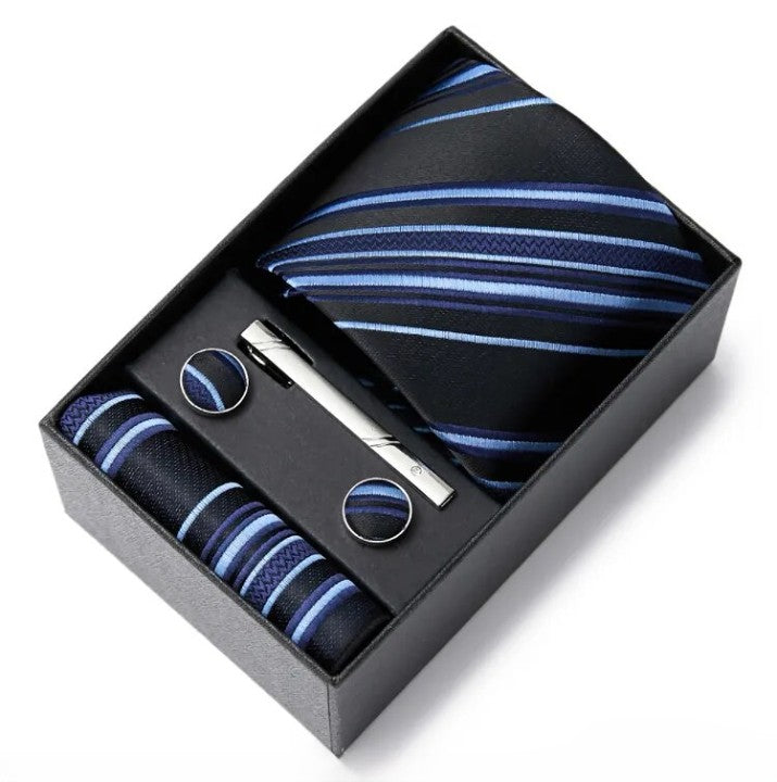 coffret cravate homme, cravate rayée en soie, accessoire masculin élégant, boutons de manchette en soie, coffret cadeau de luxe