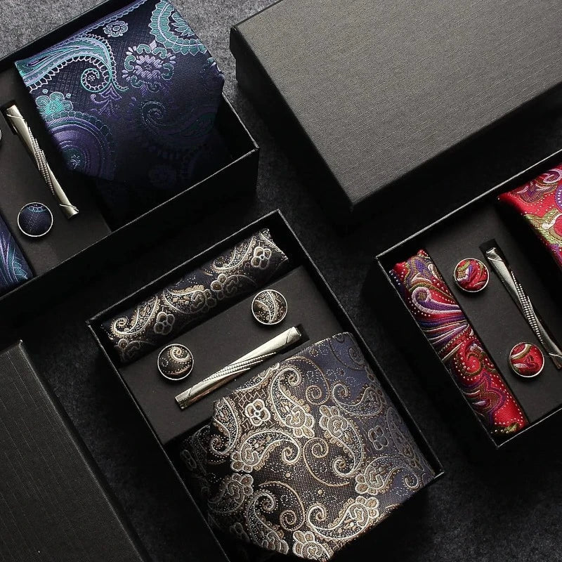 coffret cravate en soie, cravate imprimée de luxe, accessoire homme élégant, coffret cadeau pour homme, boutons de manchette et pochette