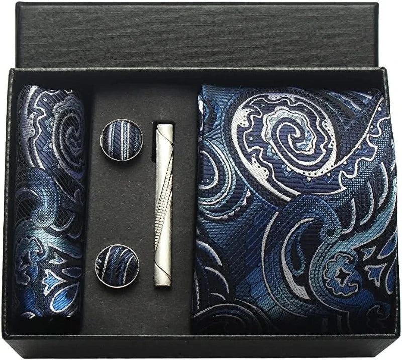 coffret cravate en soie, cravate imprimée de luxe, accessoire homme élégant, coffret cadeau pour homme, boutons de manchette et pochette