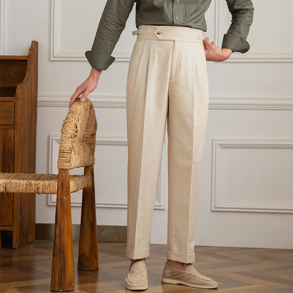 Pantalon en lin et coton, Pantalon de costume homme slim, Pantalon de tailleur à plis, Pantalon chic homme