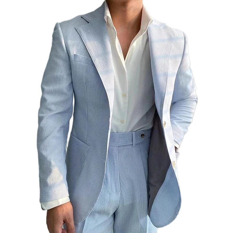 costume seersucker homme, costume bleu ciel slim, costume homme été, costume casual chic homme, costume mariage jour







