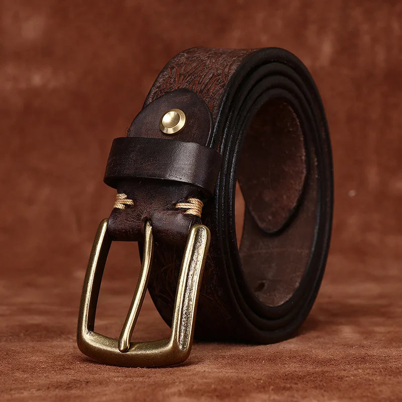 ceinture homme cuir gravé, ceinture vintage, accessoire homme élégant, ceinture artisanale, boucle en cuivre