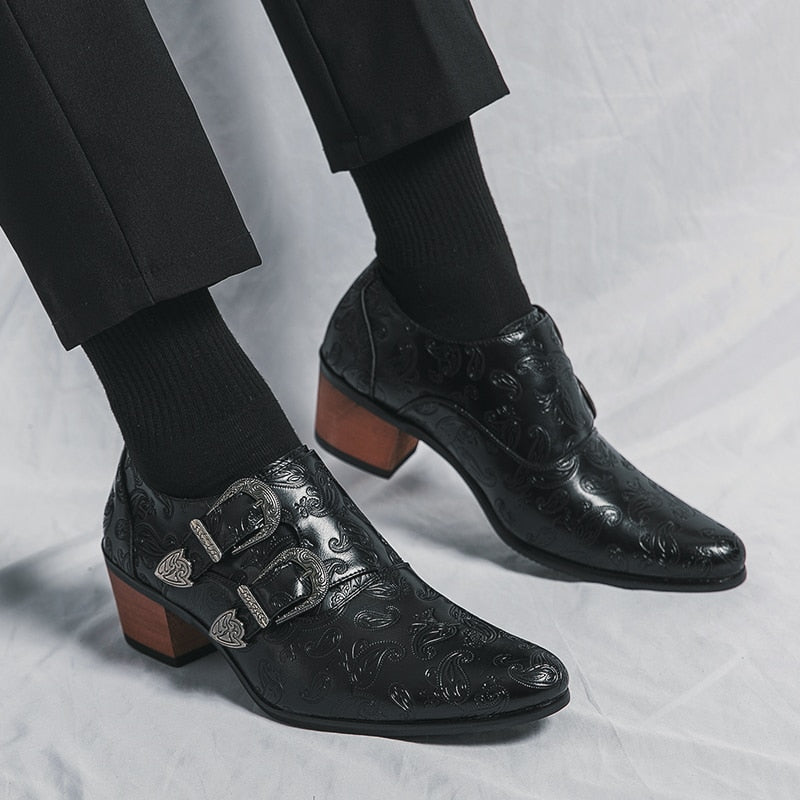 chaussure homme vintage, chaussure homme boucle, chaussure homme talon bloc, chaussure homme marron motif, chaussure de ville originale
