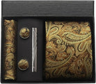 coffret cravate en soie, cravate imprimée de luxe, accessoire homme élégant, coffret cadeau pour homme, boutons de manchette et pochette