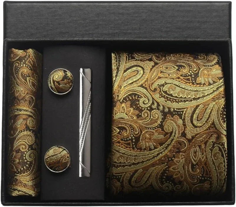 coffret cravate en soie, cravate imprimée de luxe, accessoire homme élégant, coffret cadeau pour homme, boutons de manchette et pochette