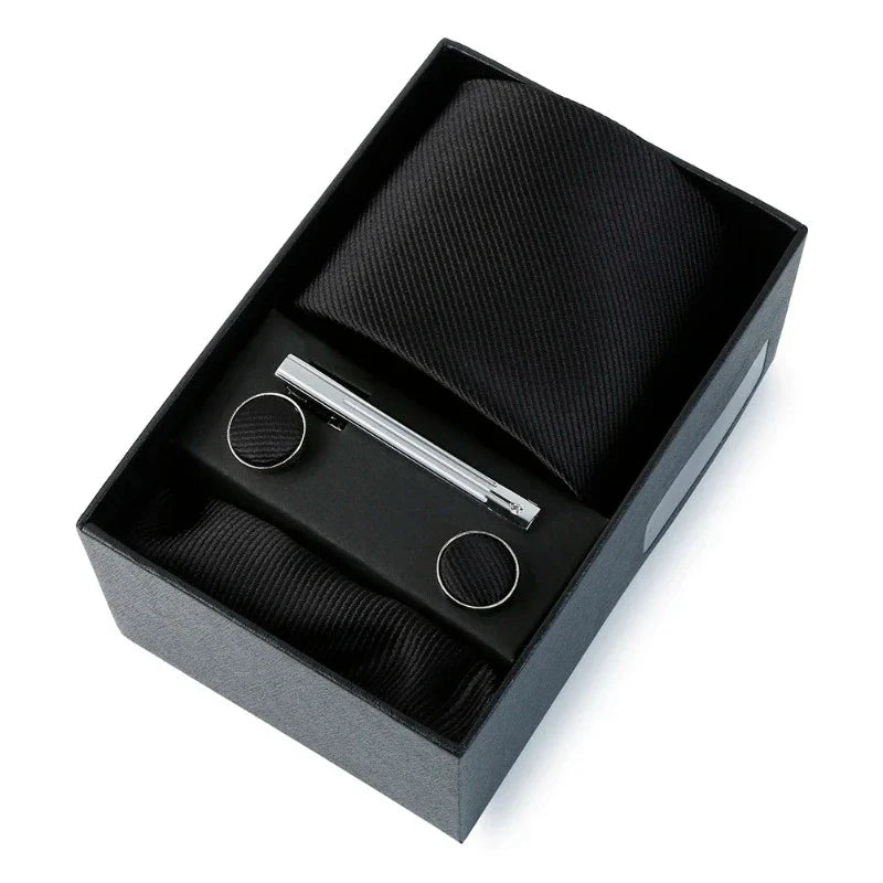 coffret cravate unie, cravate en soie et polyester, accessoire homme élégant, boutons de manchette de luxe, coffret cadeau pour homme