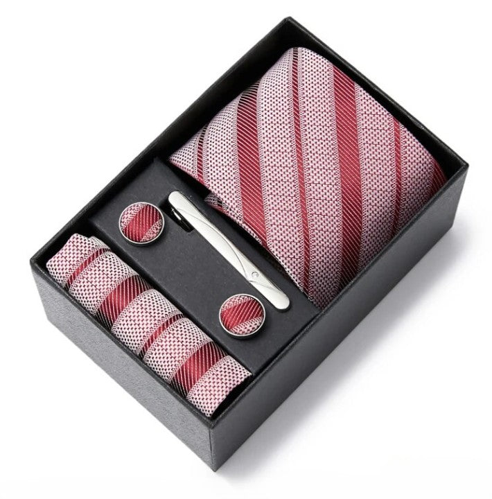 coffret cravate homme, cravate rayée en soie, accessoire masculin élégant, boutons de manchette en soie, coffret cadeau de luxe