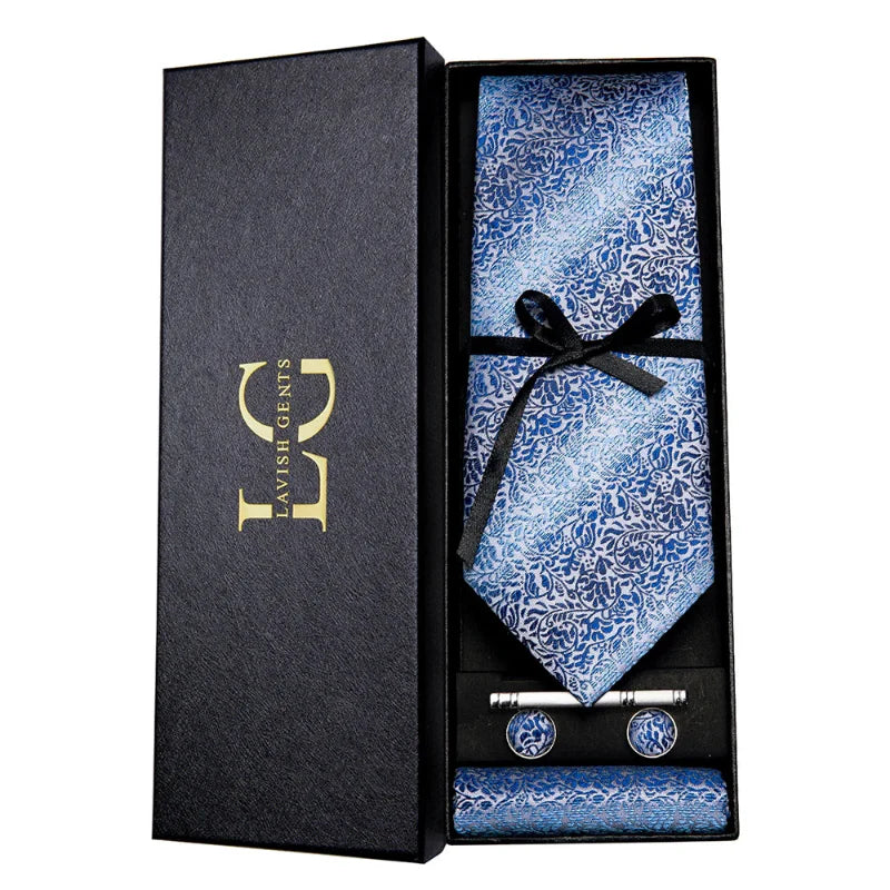 coffret cravate luxe, cravate imprimée en soie, accessoire homme formel, boutons de manchette et pochette, cravate design exclusif