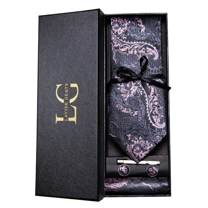 coffret cravate luxe, cravate imprimée en soie, accessoire homme formel, boutons de manchette et pochette, cravate design exclusif