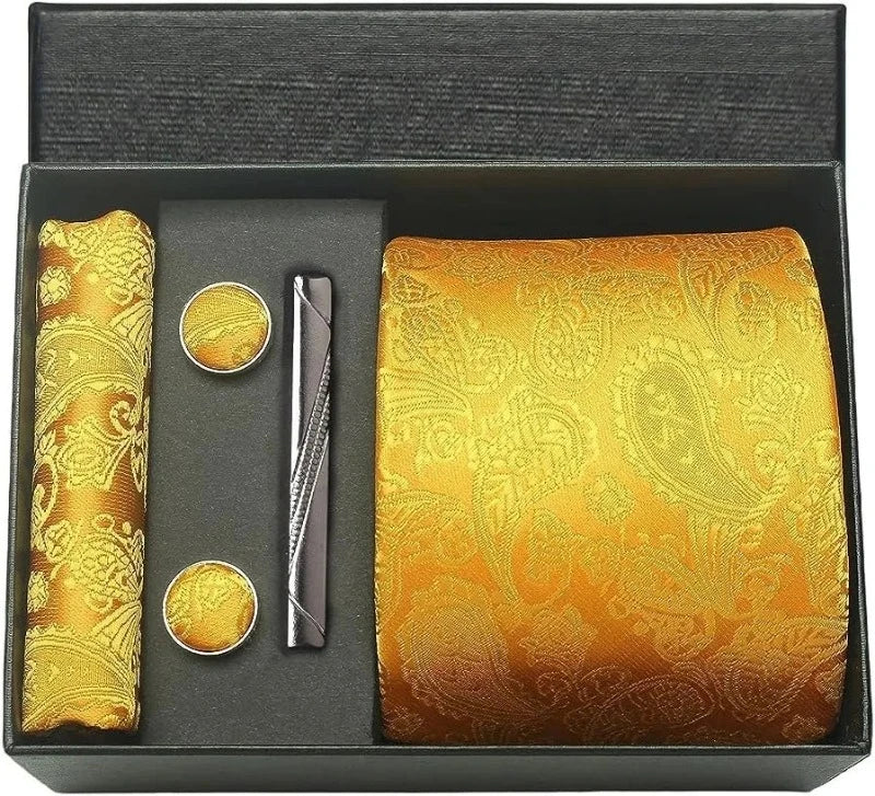 coffret cravate en soie, cravate imprimée de luxe, accessoire homme élégant, coffret cadeau pour homme, boutons de manchette et pochette