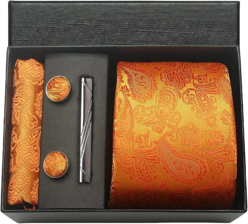 coffret cravate en soie, cravate imprimée de luxe, accessoire homme élégant, coffret cadeau pour homme, boutons de manchette et pochette