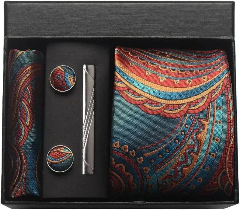 coffret cravate en soie, cravate imprimée de luxe, accessoire homme élégant, coffret cadeau pour homme, boutons de manchette et pochette