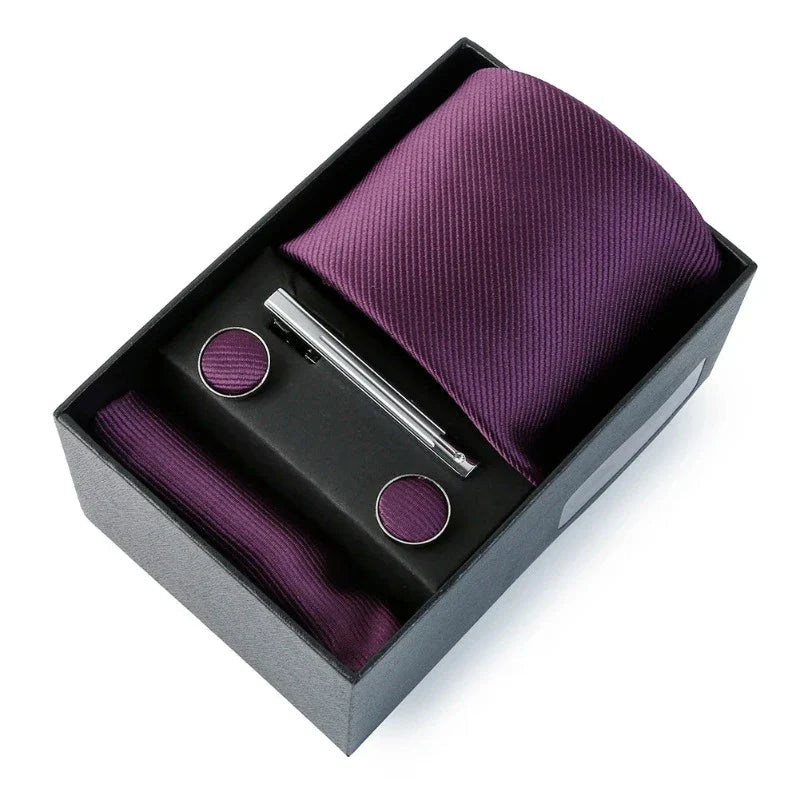coffret cravate unie, cravate en soie et polyester, accessoire homme élégant, boutons de manchette de luxe, coffret cadeau pour homme