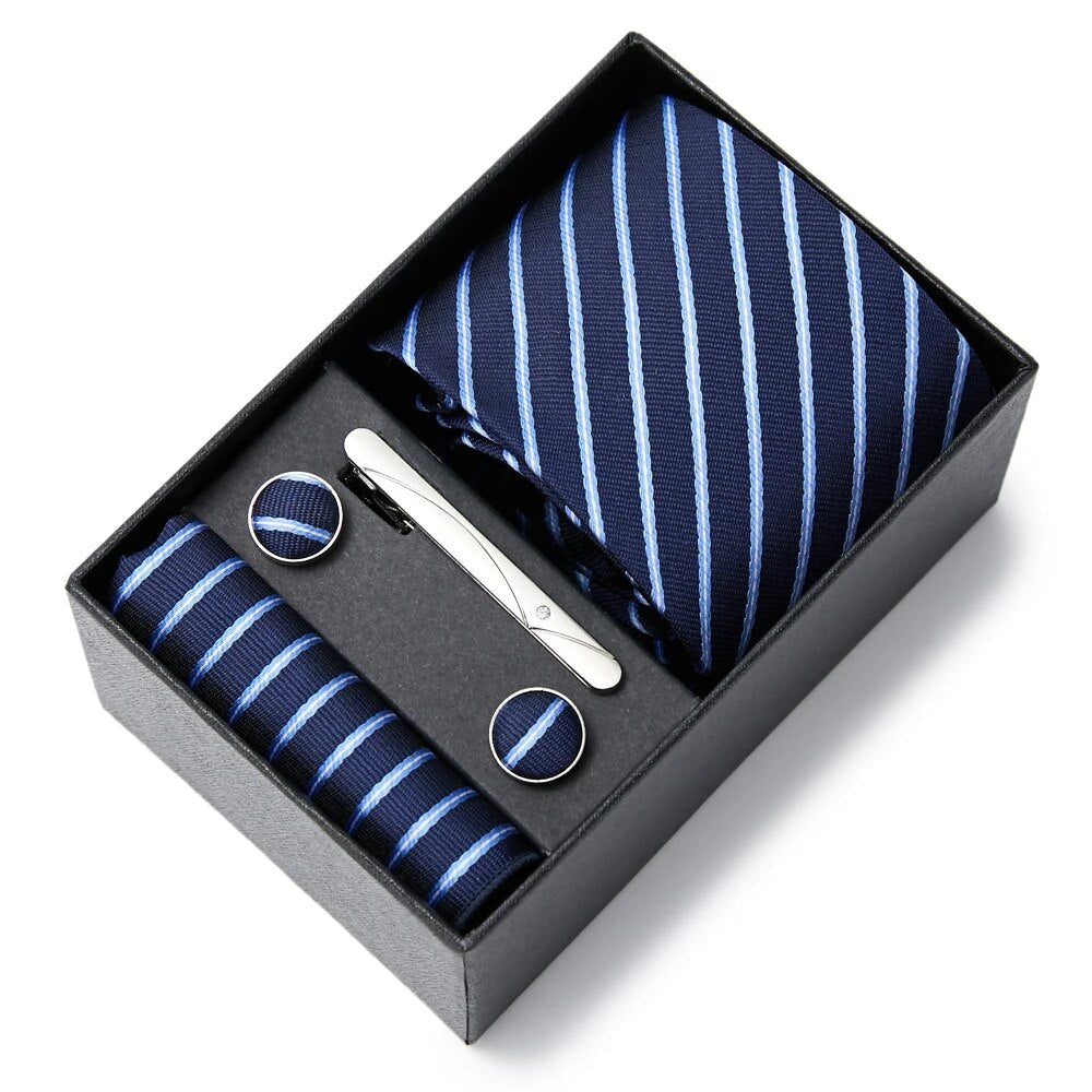 coffret cravate homme, cravate rayée en soie, accessoire masculin élégant, boutons de manchette en soie, coffret cadeau de luxe
