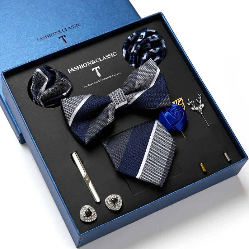 coffret cravate homme, ensemble accessoires masculins, coffret cadeau gentleman, cravate élégante, boutons de manchette